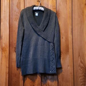 Venus V-neck Bodycon Ribbed Tunic Length Sweater, Small, Grey Green